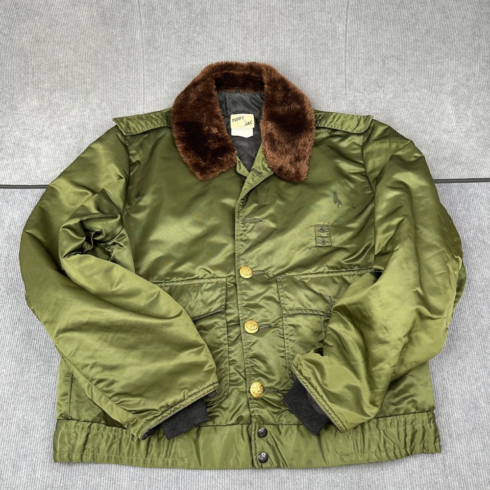 Vintage Tuffy Jac Olive Green Satin Bomber Jacket Faux Fur Collar Mens 46L Y2K